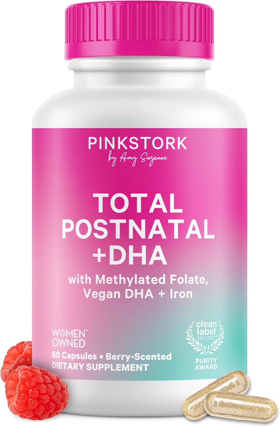 Pink Stork Total Postnatal Vitamins | Vegan DHA, Methylated Folate, Iron | 60 Capsules - görsel 1
