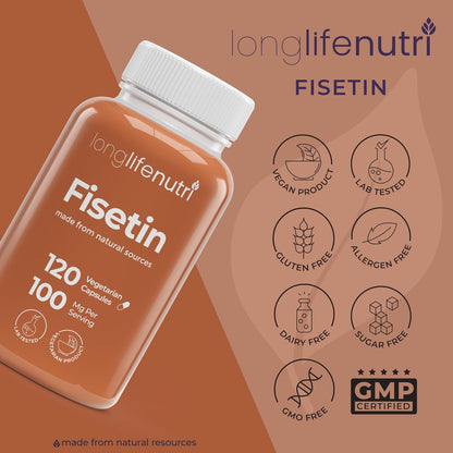 Fisetin 100mg - from Rhus Succedanea Stem Extract, 120 Vegetarian Capsules, Senolytic Supplement for Healthy Ageing, 4-Month Supply, Organic, GMP Certified, Made in USA