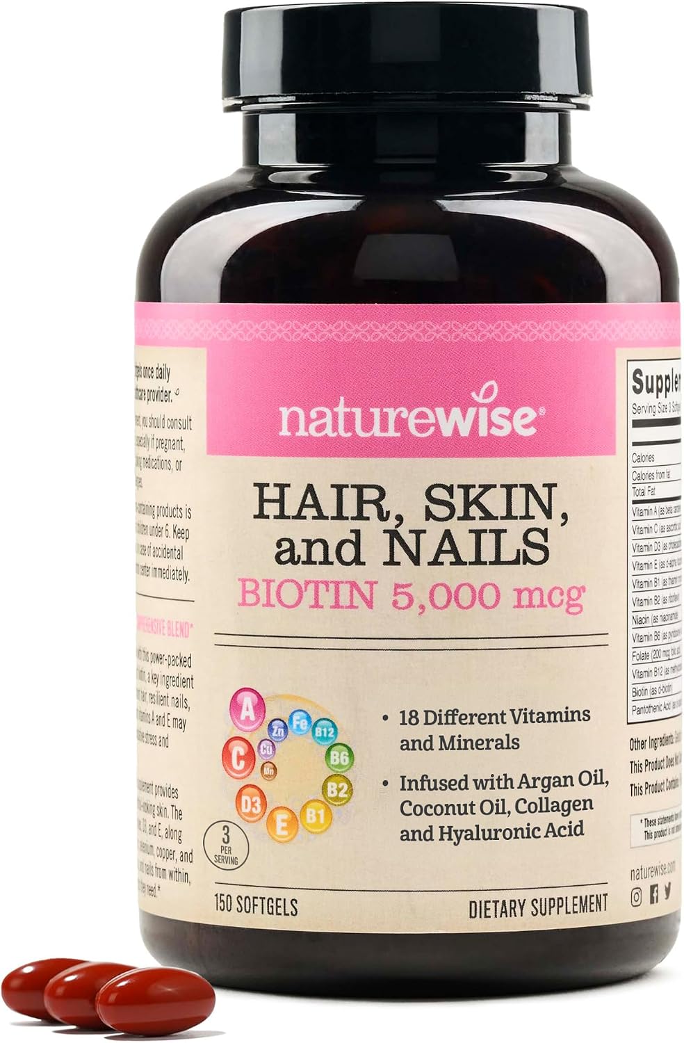 NatureWise Hair, Skin and Nails Supplement, Biotin 5000mcg with Hyaluronic Acid and Collagen - 150 Softgels – Image 1