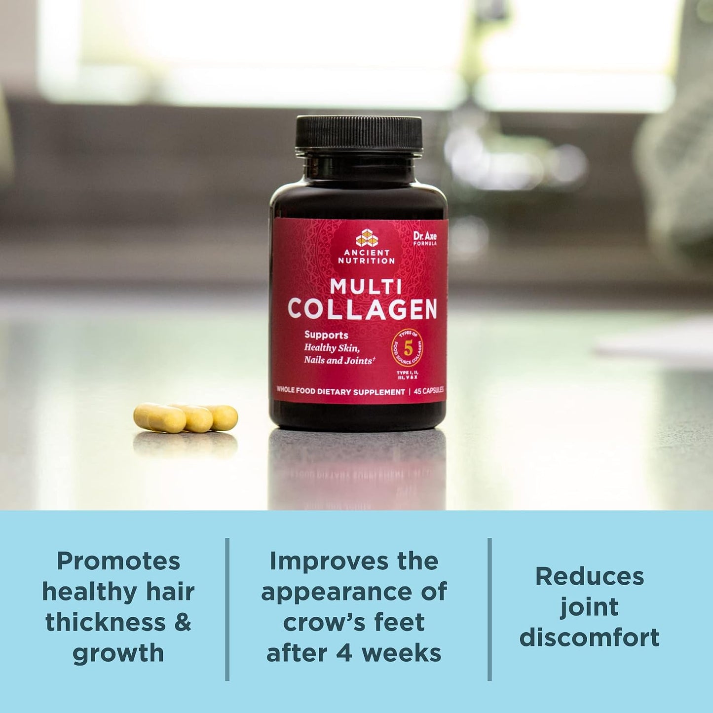 Ancient Nutrition Collagen Capsules, 45 Count, Hydrolysed Multi Collagen, Types I, II, III, V & X, Supports Healthy Skin and Nails, Gut Health and Joint Support - görsel 4