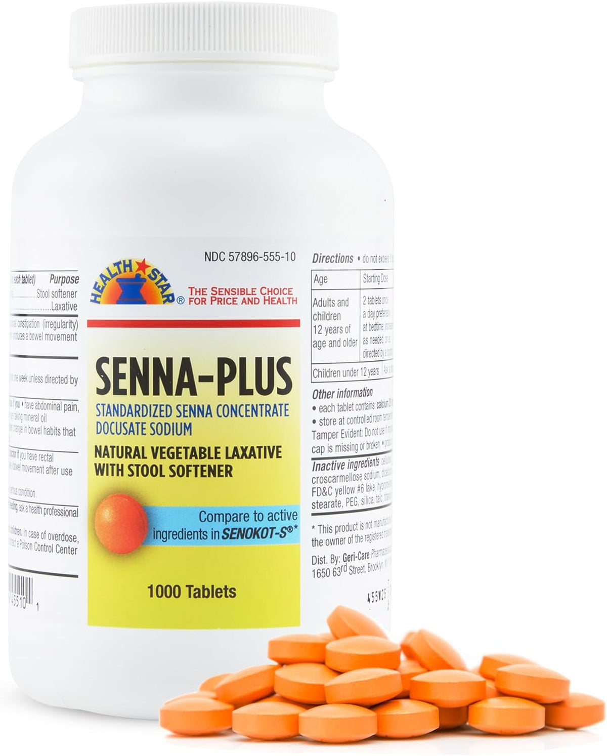 Health Star Senna Plus Laxative & Stool Softener Tablets, 1000 Tablets - görsel 1