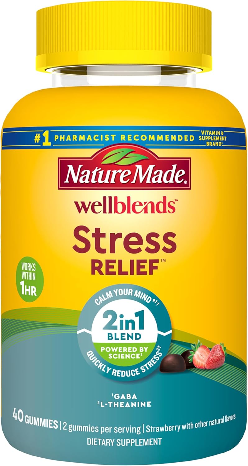 Nature Made Wellblends Stress Relief Gummies - L-Theanine 200mg & GABA 100mg - 40 Strawberry Gummies - görsel 1