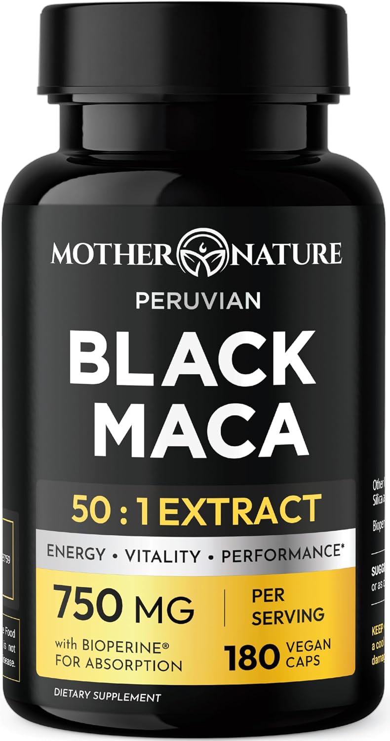 Organic Raw Black Maca 750mg with BioPerine, Energy and Performance, 180 Capsules - görsel 1