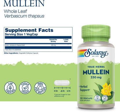 SOLARAY Mullein Leaf 330mg Vegan Capsules - Traditional Support for Respiratory and Bronchial Health (Pack of 2, 100 Capsules)