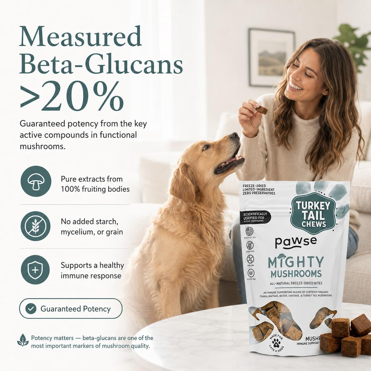 Pawse Mighty Mushroom Chews Food Supplement for Dogs & Cats | Blend of Turkey Tail, Reishi, Chaga, Maitake & Shiitake | for Immune System, Lumps & Bumps, Gut Health & Skin Support | 60 Chews - görsel 5