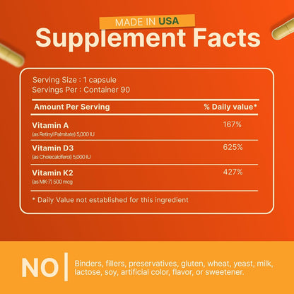 INVITA ADK Vitamin Supplement – 90 Capsules – Vitamin A, D3 5000 IU & K2-MK7