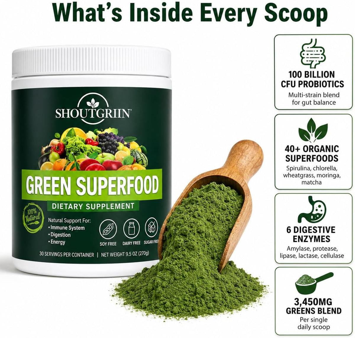 SHOUTGRIIN Green Superfood Powder – Organic Super Greens with 100 Billion CFU Probiotics & Digestive Enzymes - görsel 4