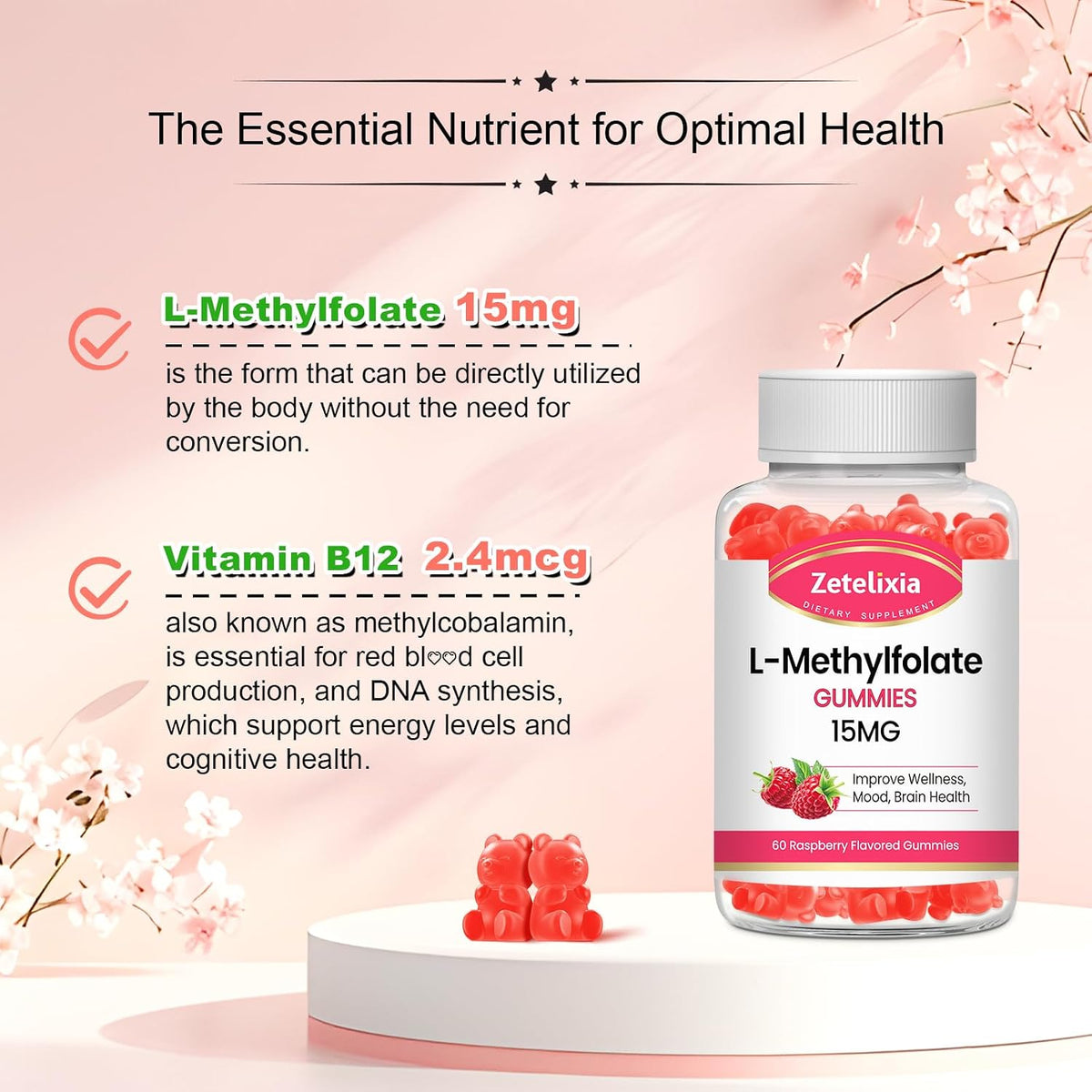 L-Methylfolate 15mg & Methyl B12 Gummies - Sugar Free, Vegan, Raspberry Flavour (60 Count) - görsel 3