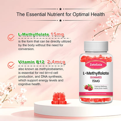 L-Methylfolate 15mg & Methyl B12 Gummies - Sugar Free, Vegan, Raspberry Flavour (60 Count)