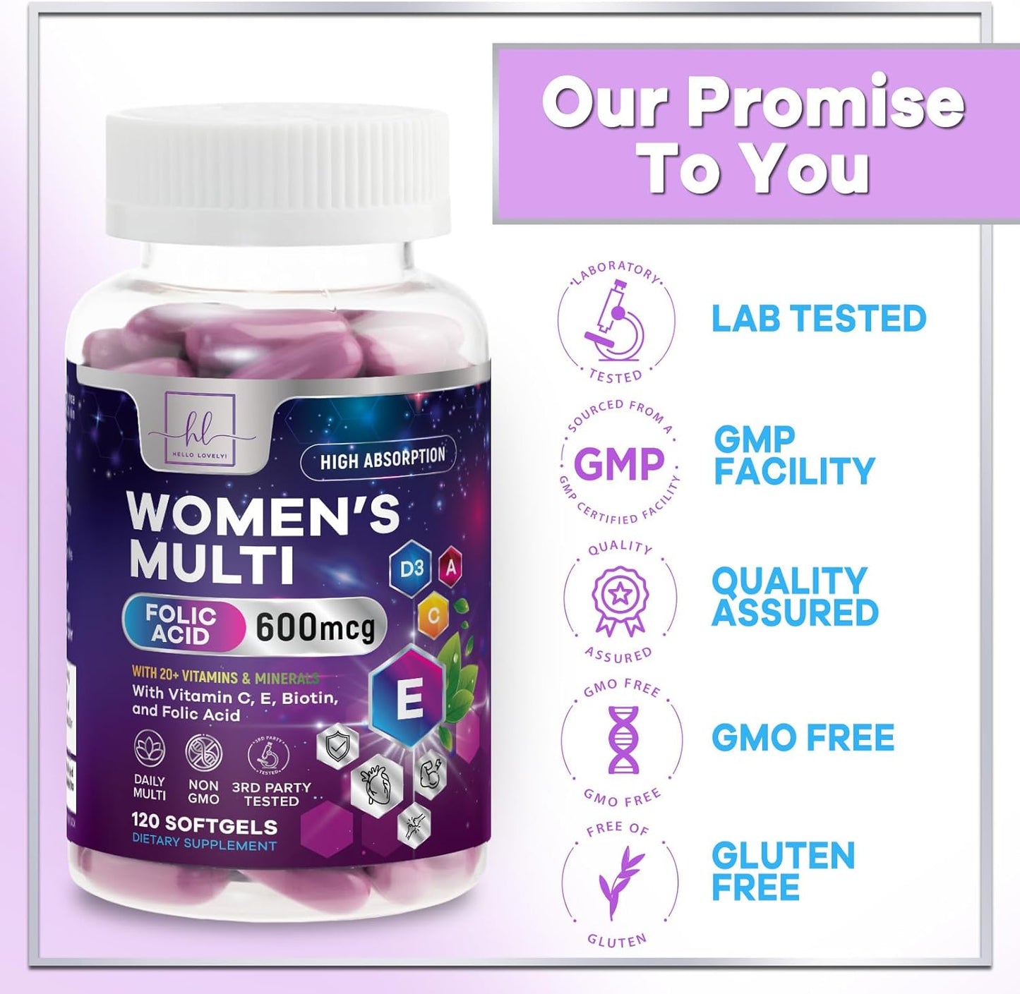 Hello Lovely! Women's Multivitamin - Complete Daily Food Supplement with Biotin, Calcium, Folic Acid, Iron, Zinc, Vitamins A, C, D, E & B - 120 Softgels - görsel 4