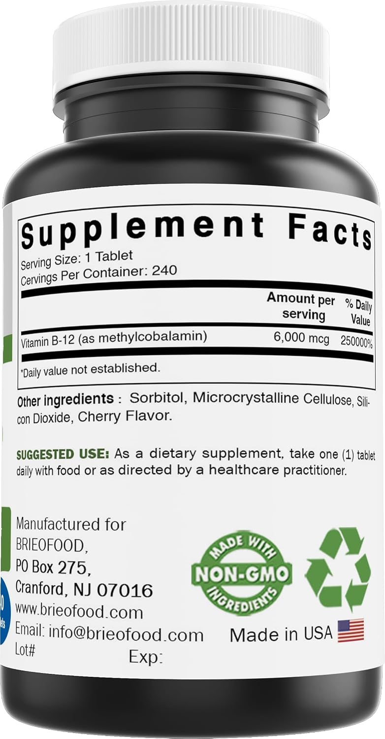 Brieofood Vitamin B-12 (Methylcobalamin) 6000 mcg, 240 Tablets - Non-GMO, Gluten-free - görsel 4