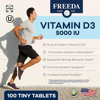 FREEDA Vitamin D3-5000 IU – High-Potency Vitamin D for Bone Strength & Immune Support – Easy-to-Swallow Tablets – 100 Small Tablets