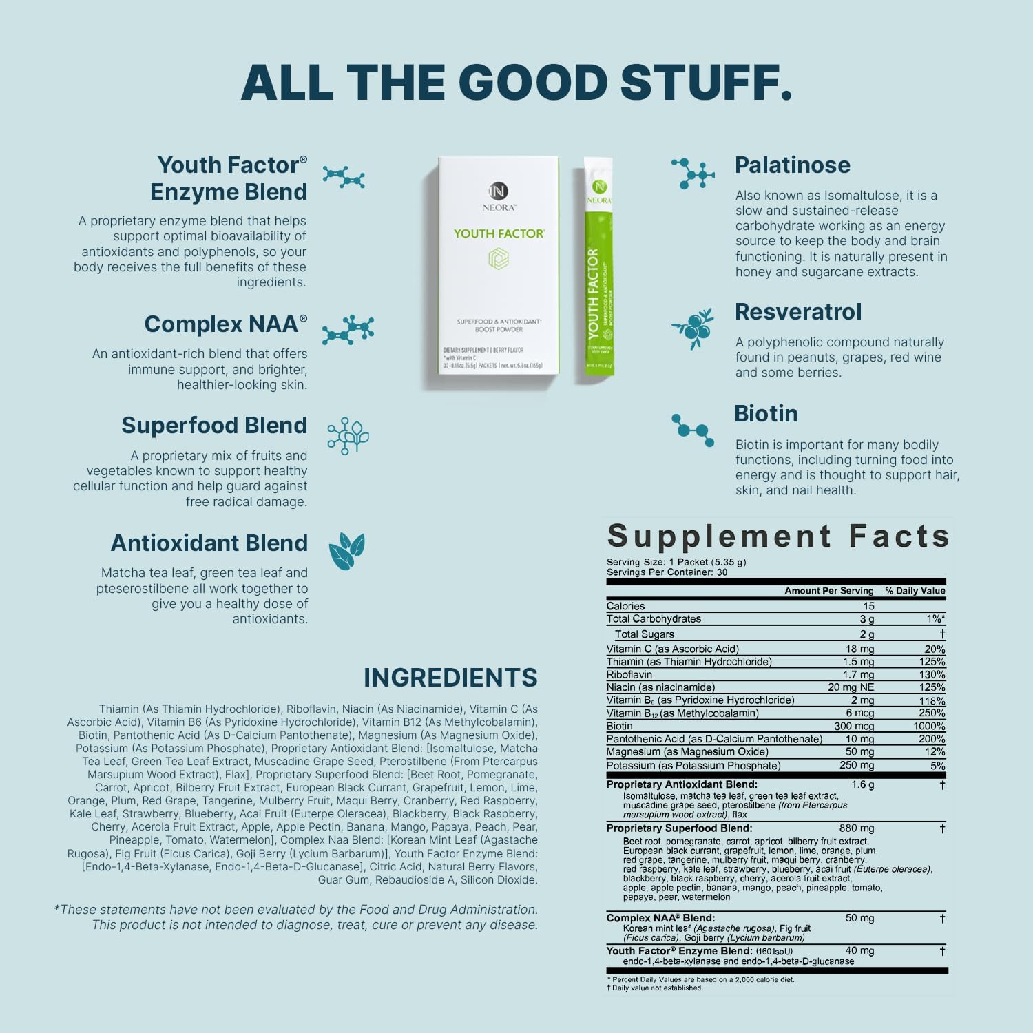 NEORA Youth Factor – Superfood Boost Powder – pH Balance, Hair Skin and Nails Support, Fruits & Vegetables Equivalent, Nutrient Absorption – 30 Packets - görsel 2