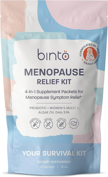 Binto Complete 4-in-1 Multi-Symptom Menopause Relief Kit – 30-Day Supply – Multivitamins with Omega-3, Ashwagandha and Probiotics/Prebiotic Fibre Blend – Non-GMO