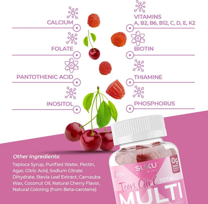 SUKU Teen Girl Multivitamin Gummies – Vitamins A, B12, C, D3, E, Biotin & Zinc – Sugar-Free Vegetarian Supplement for Skin, Energy, Immune & Bone Health – Cherry Flavour – 60 Count