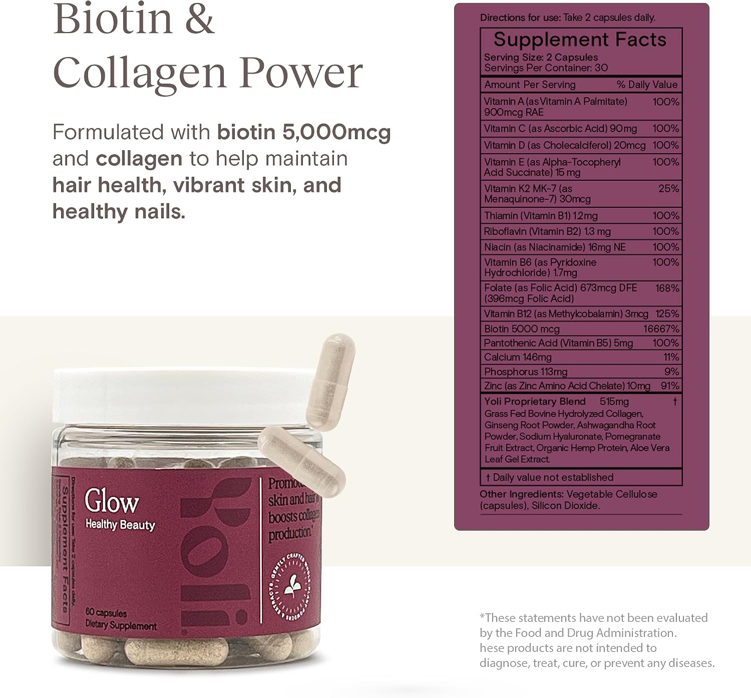 Yoli Glow Biotin and Collagen Daily Multivitamin, Hair Skin Nails, 60 Capsules - görsel 3