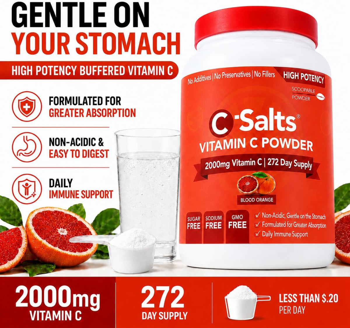 C-Salts Buffered Vitamin C Powder - Pure Organic, Stomach-Friendly Ascorbic Acid Vit C Drink for Daily Immune Support & Collagen Production - Vegan Non GMO Sugar Free - 272 Servings Blood Orange, 26oz (approx. 737g) - görsel 3