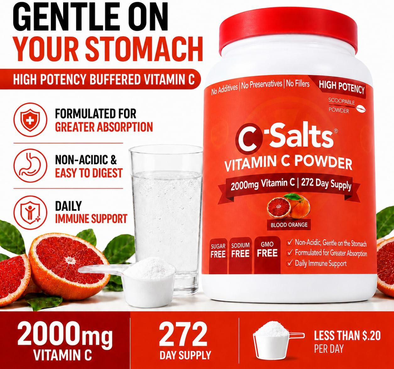 C-Salts Buffered Vitamin C Powder - Pure Organic, Stomach-Friendly Ascorbic Acid Vit C Drink for Daily Immune Support & Collagen Production - Vegan Non GMO Sugar Free - 272 Servings Blood Orange, 26oz (approx. 737g) - görsel 3