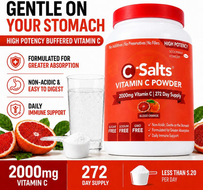 C-Salts Buffered Vitamin C Powder - Pure Organic, Stomach-Friendly Ascorbic Acid Vit C Drink for Daily Immune Support & Collagen Production - Vegan Non GMO Sugar Free - 272 Servings Blood Orange, 26oz (approx. 737g)