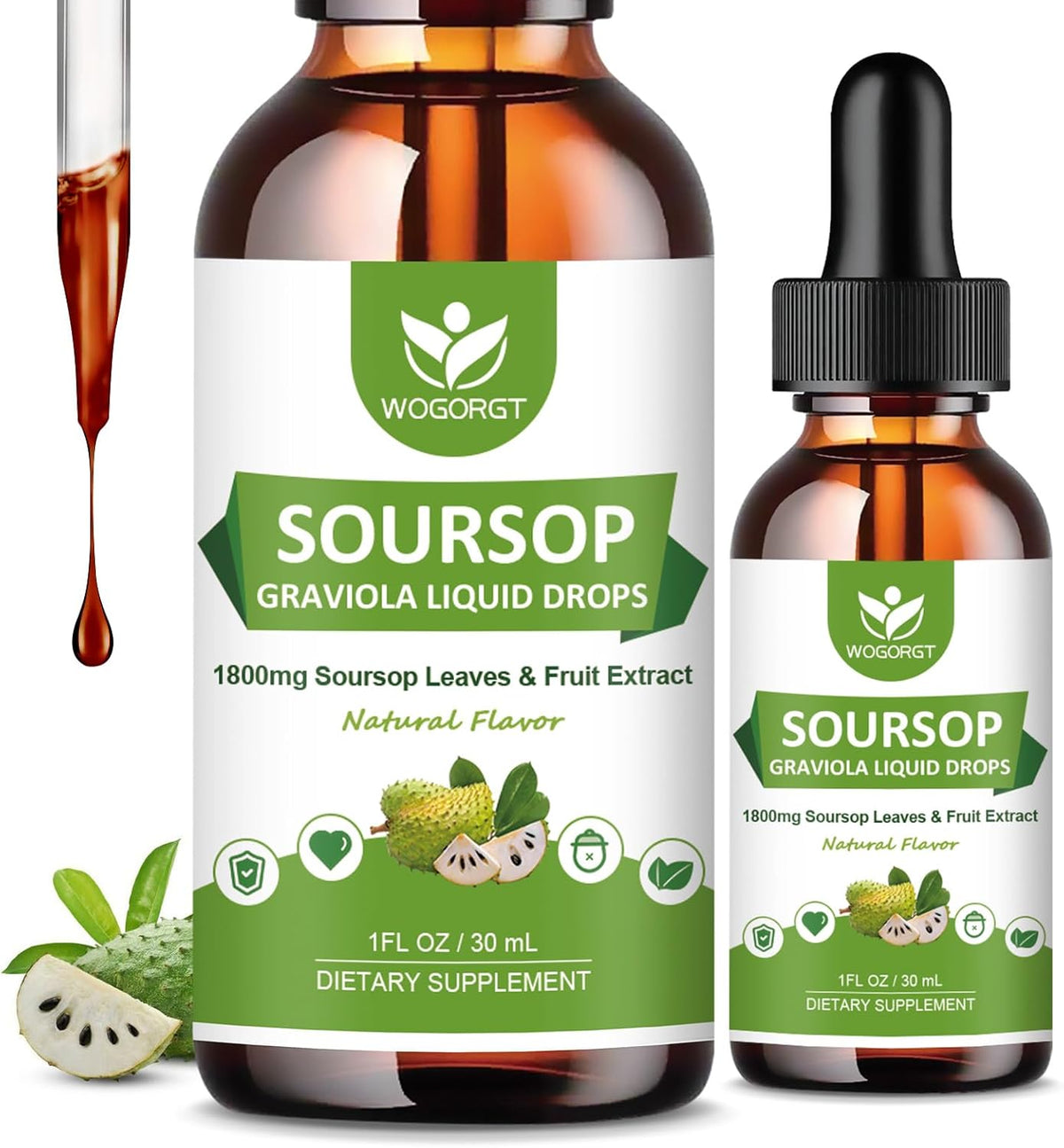(2 Pack) Soursop Graviola Liquid Drops - 1800mg Soursop Extract - High Absorption Liquid for Immune Support, Antioxidant, Relaxation - Sugar Free - 30 ml - görsel 1