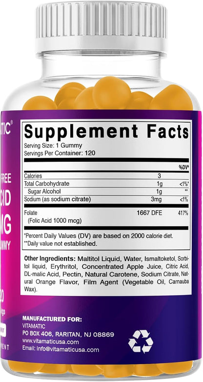 Vitamatic Folic Acid Gummies 1000 mcg (1 mg) – Vitamin B9 (1667 mcg DFE) – Sugar Free – Prenatal & Cellular Health Support – Natural Orange Flavour – Vegan, Non-GM – 120 Gummies