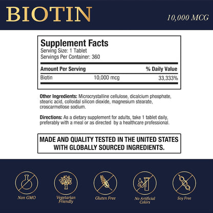Puregen Labs Biotin 10,000 mcg – High Potency Beauty Support – 360 Vegetarian Tablets