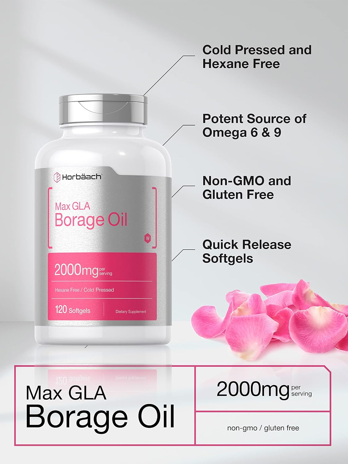 Horbäach Borage Oil Softgels 2000 mg - 120 Softgels | Cold-Pressed with 320 mg GLA - görsel 3