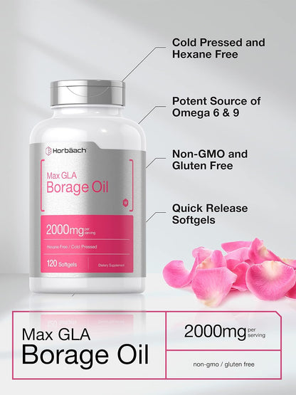 Horbäach Borage Oil Softgels 2000 mg - 120 Softgels | Cold-Pressed with 320 mg GLA