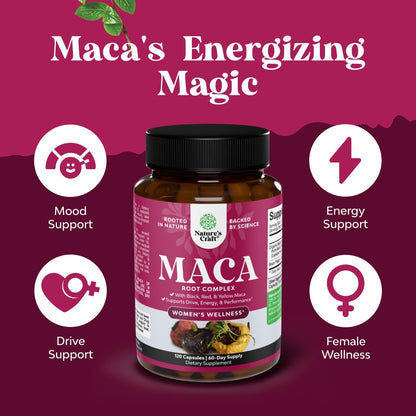 Natures Craft Maca Root Capsules for Women – Potent Herbal Supplement with Red, Yellow & Black Maca Root – Non-GMO, Vegan, Gluten-Free – 120 Count