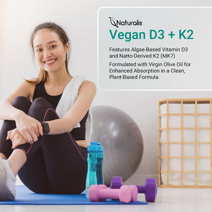 Naturalis Vegan Vitamin D3+K2 from Algae | 5000 IU D3 with 120 mcg MK-7 | Vegan Society Certified | 180 Softgels