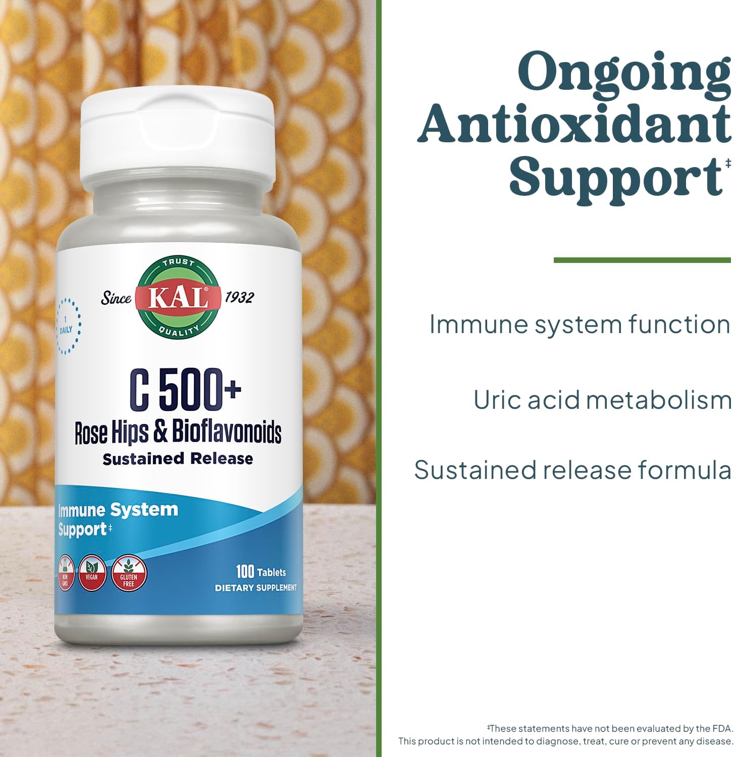KAL C 500+ Sustained Release Tablets – Vitamin C with Rose Hips and Bioflavonoids – 100 Tablets - görsel 3