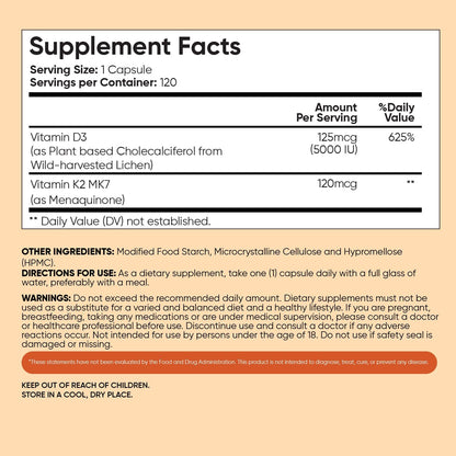WeightWorld Vitamin D3 + K2 5000 IU Capsules – Vegan D3 (Lichen) & K2 MK-7, 120 Capsules