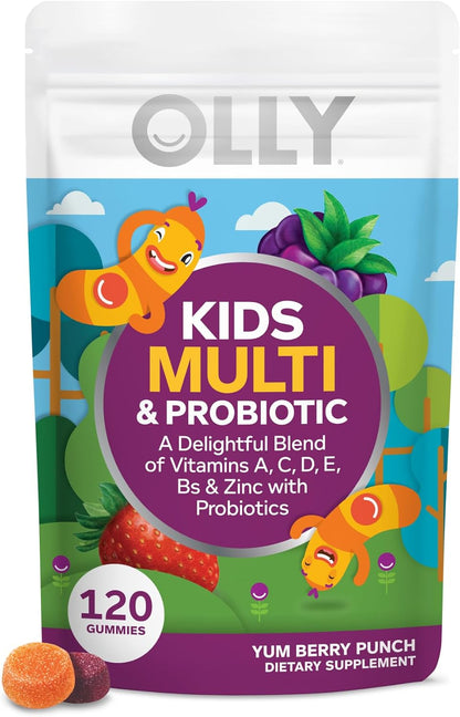 OLLY Kids Multivitamin & Probiotic Gummies - Digestive Support with Vitamins A, C, D, E, B, Zinc - Berry Flavour, 120 Count