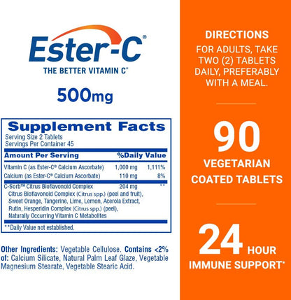 Ester-C 500 mg Sustained Release Vitamin C Tablets for Immune Support, 90 Count