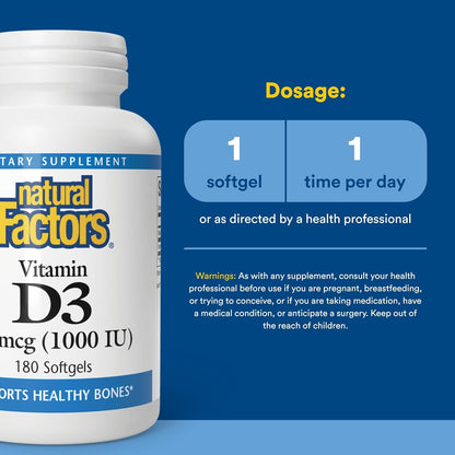 Natural Factors Vitamin D3 1000 IU (25 mcg) – 180 Tablets