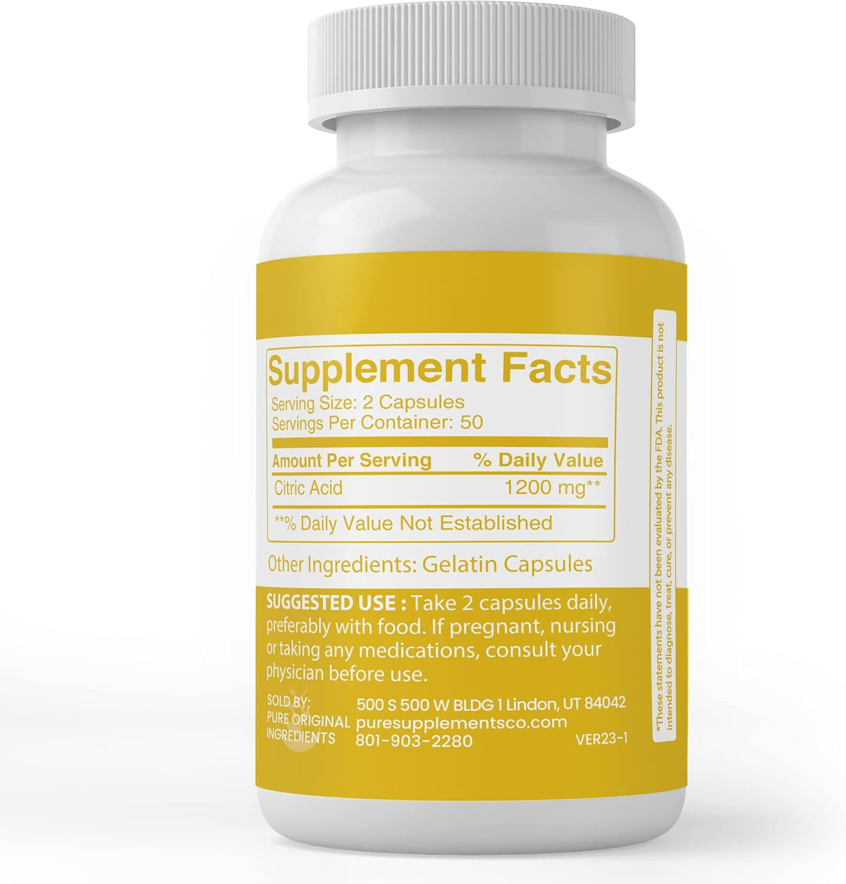 PURE ORIGINAL INGREDIENTS Citric Acid, 100 Capsules – Always Pure, No Additives or Fillers, Lab Verified - görsel 3