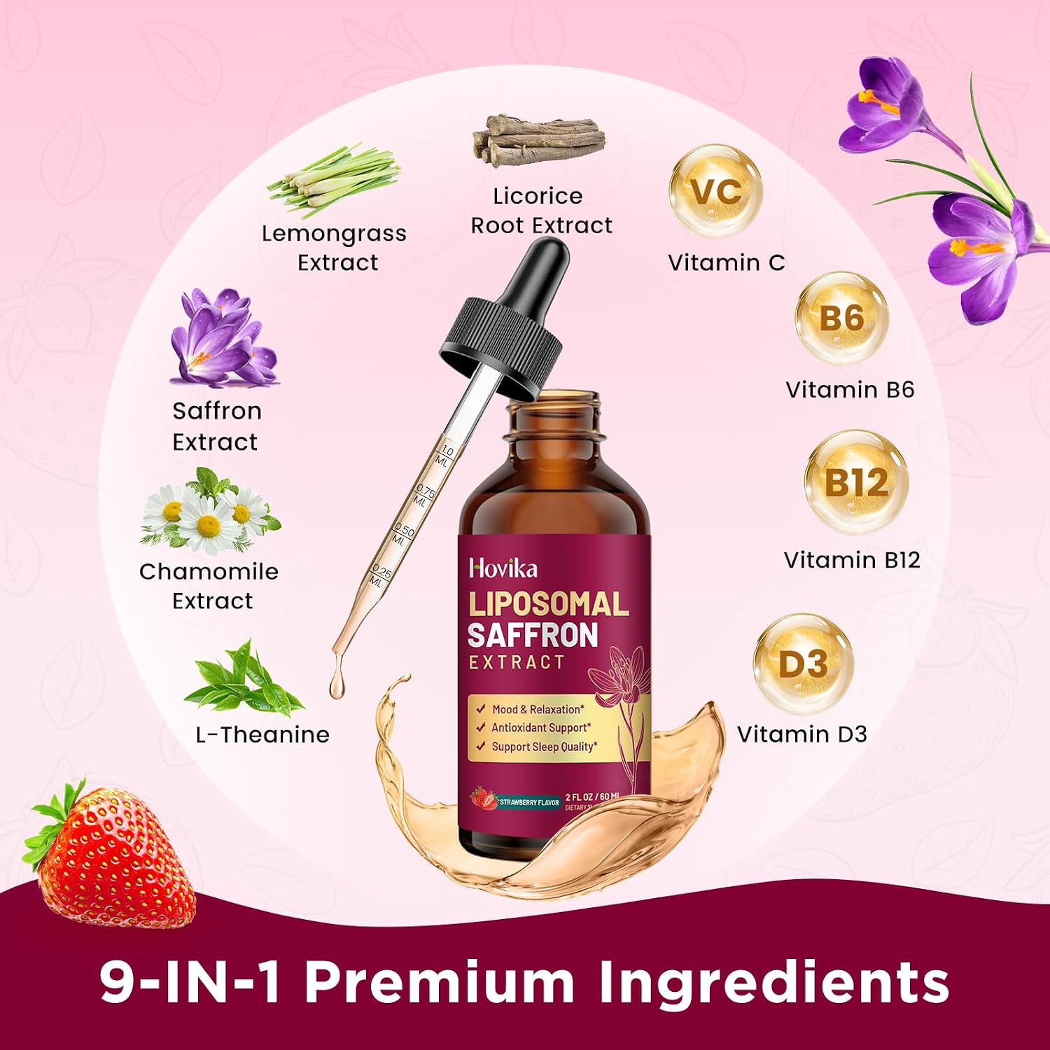 Liposomal Saffron Supplements - 88.5mg Saffron Extract Liquid Drops with L-Theanine, Chamomile, Vitamin C, B6, B12 & D3 for Antioxidant, Immune, Mood, Energy, Focus & Sleep - 60 ml Strawberry Flavour - görsel 7