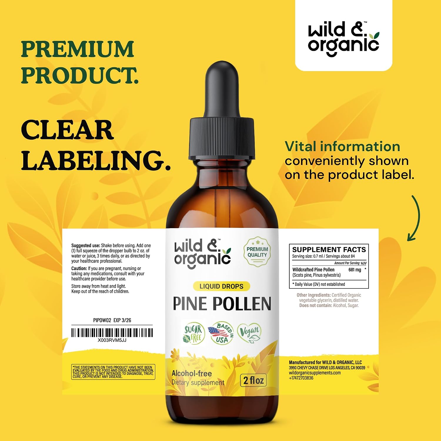 Wild & Organic Pine Pollen Tincture - Pine Pollen Extract Drops for Men & Women - Add to Tea & Drink - Pure Pinus Sylvestris Extract - Vegan, Sugar & Alcohol-Free Liquid Supplement - 2 fl oz (60 ml) - görsel 9