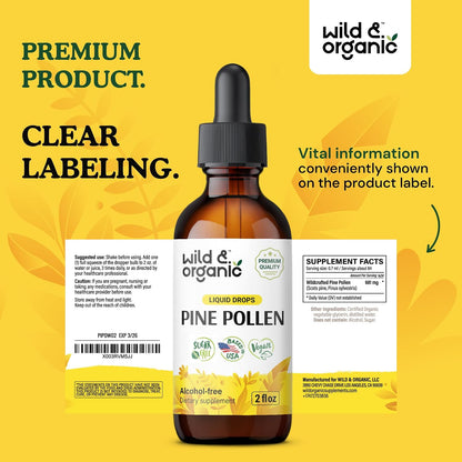 Wild & Organic Pine Pollen Tincture - Pine Pollen Extract Drops for Men & Women - Add to Tea & Drink - Pure Pinus Sylvestris Extract - Vegan, Sugar & Alcohol-Free Liquid Supplement - 2 fl oz (60 ml)