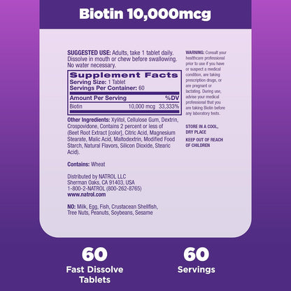 Natrol Biotin 10000mcg, Fast-Dissolve Tablets for Hair, Skin and Nails, 60 Tablets