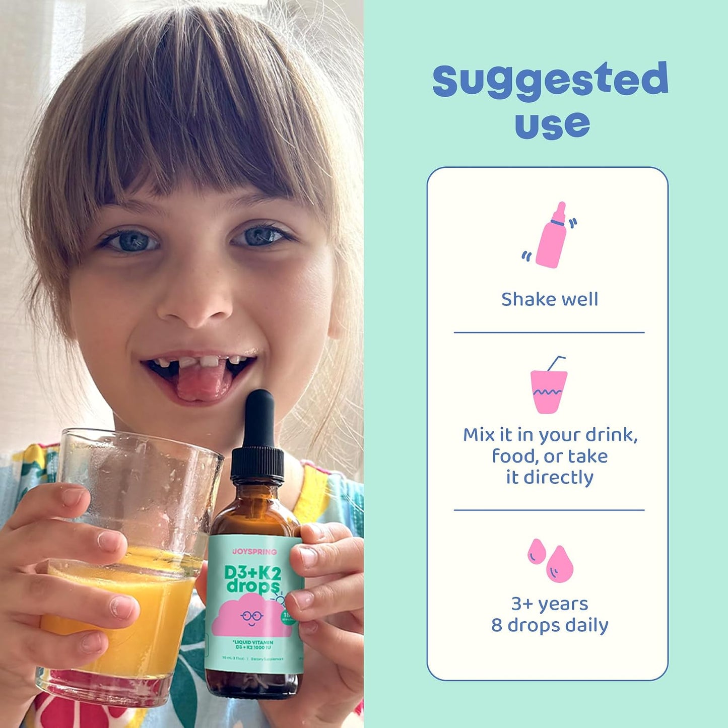 JoySpring Vitamin D3 Kids Drops with K2 – Liquid Supplement for Calcium Absorption & Joint Health – 360 Doses (60 ml) - görsel 6