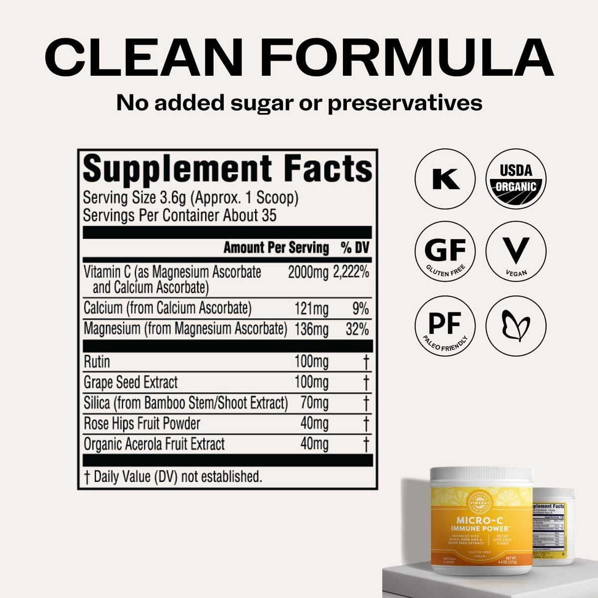 Vimergy Micro-C Immune Support - Vitamin C Powder (125g, 35 Servings) - Gentle Formula with Bamboo Silica and Bioflavonoids - görsel 6