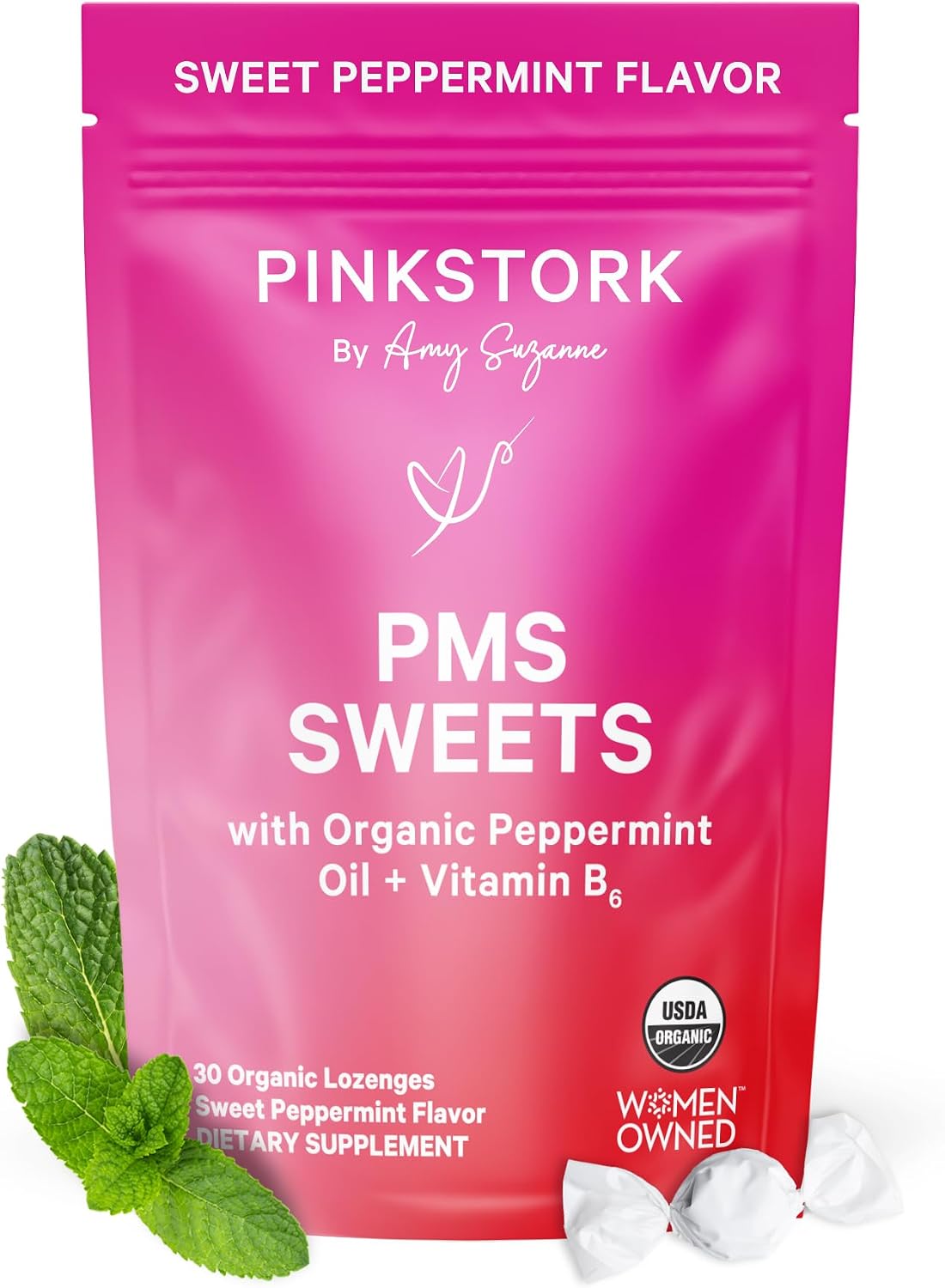 Pink Stork Organic PMS Support Sweets for Teens and Women - Natural Vitamin B6 & Peppermint - Period Comfort, Digestion, Bloating, Mood Swings - 30 Drops - görsel 1