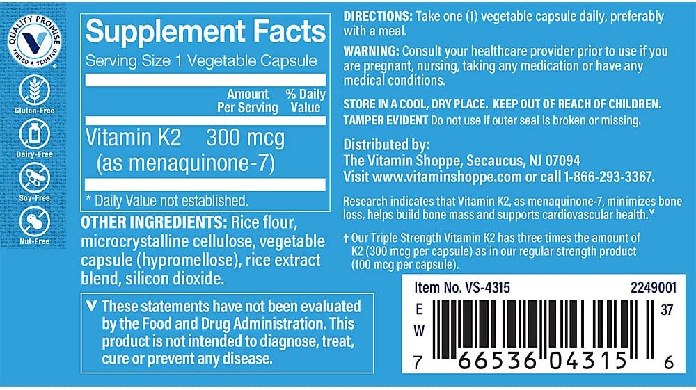 Vitamin K2 MK-7 300mcg Triple Strength – Bone Health & Normal Blood Clotting (120 Vegetable Capsules) - görsel 2