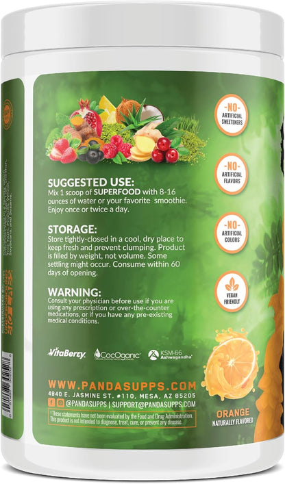 Panda All Natural Superfood Powder - Greens, Reds, Probiotics, Ashwagandha & Lion's Mane - Orange (390 g)