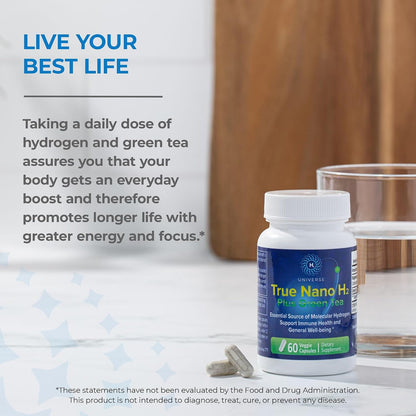 True Nano H2 with Green Tea - Molecular Hydrogen Capsules, Energy and Antioxidant Support, 60 Capsules