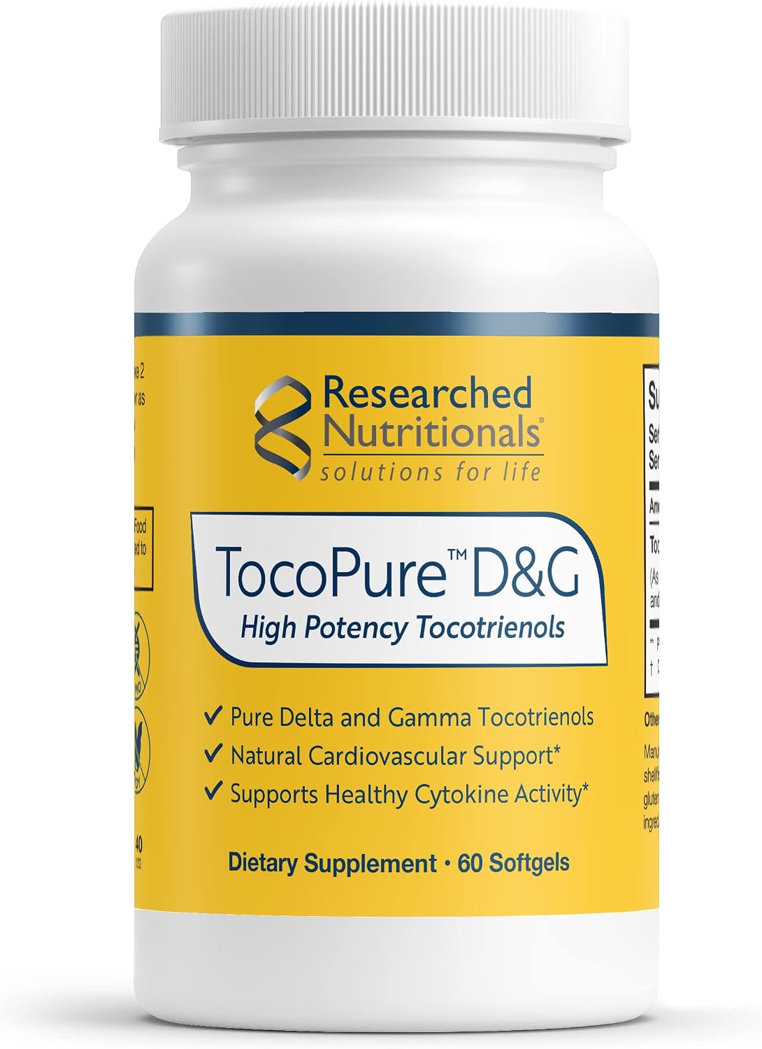 Researched Nutritionals TocoPure D&G - Vitamin E Tocotrienols - Annatto Tocotrienols Antioxidant Food Supplement with Delta + Gamma E for Cardiovascular Health, Lipid Metabolism & Cellular Support (60 Softgels) - görsel 1