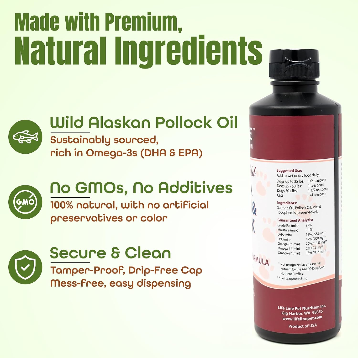Life Line Pet Nutrition Wild Alaska Salmon & Pollock Oil – Omega 3 Supplement for Dogs and Cats in All Life Stages, 488 ml - görsel 4