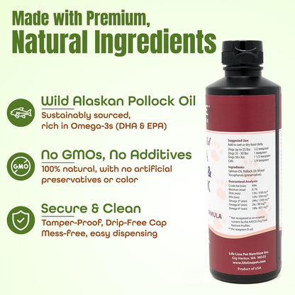 Life Line Pet Nutrition Wild Alaska Salmon & Pollock Oil – Omega 3 Supplement for Dogs and Cats in All Life Stages, 488 ml