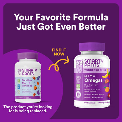 SmartyPants Toddler Multivitamin Gummies – Omega 3 Fish Oil (EPA/DHA), Vitamin D3, C, B12, B6, A, K & Zinc, Biotin, Beta Carotene – Gluten-free – Three Fruit Flavours – 180 Count (60 Day Supply)